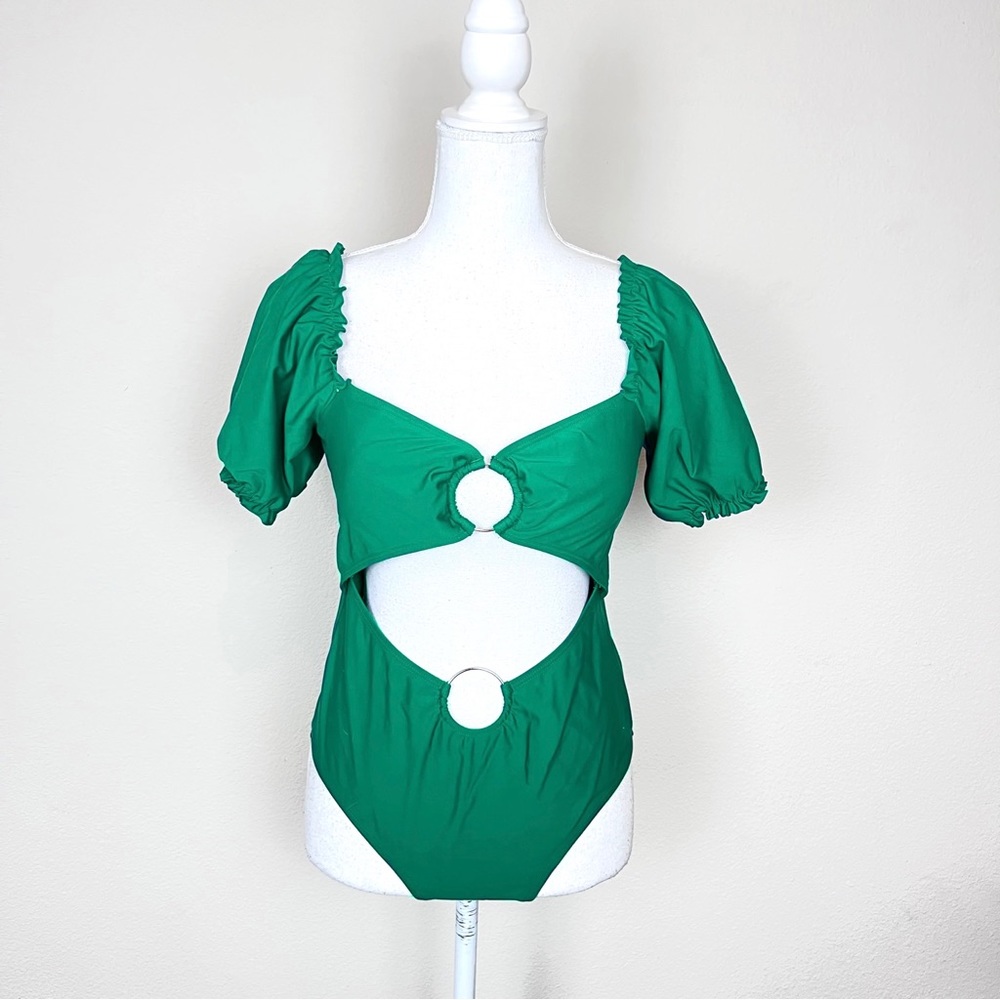 Green Cut Out Silver O-Ring Puff Sleeve Sweetheart Neck One Piece Swimsuit